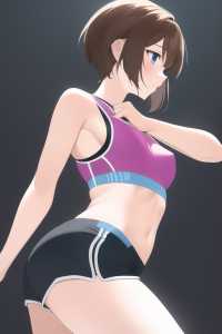 girl, brown short cropped hair, blue eyes, fit body, small breast, sport bra, short pants s-2880824042.png
